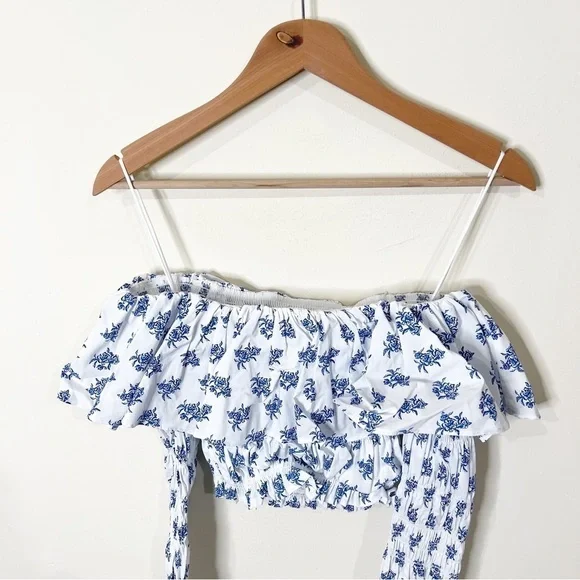 Caroline Constas Floral Off Shoulder Long Sleeves Lydia Top in Blue Toile Spot